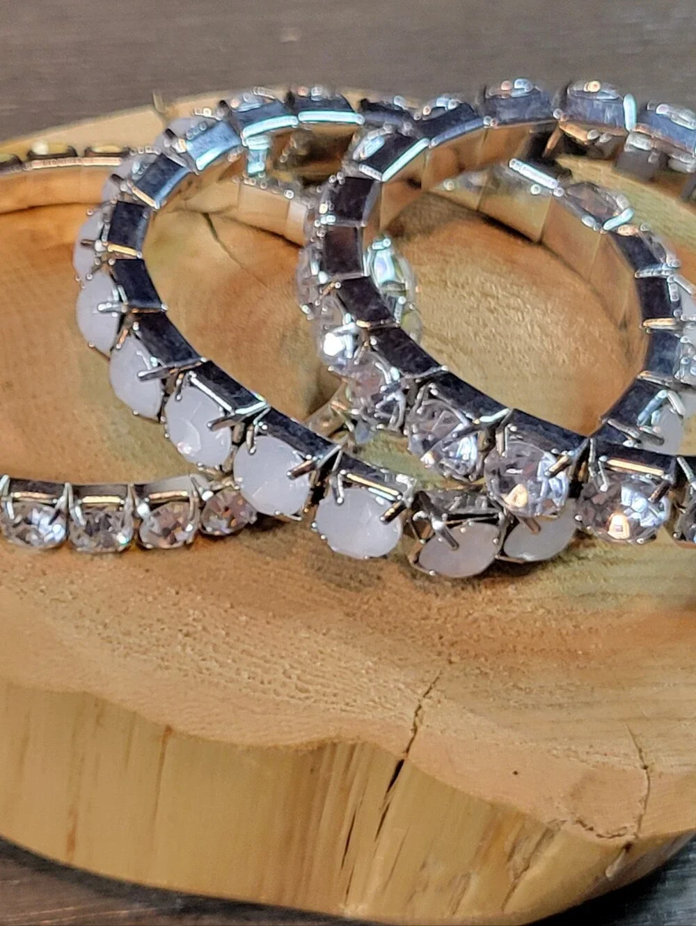 Set of 3 SilverTone White & Icy Rhinetstone Stretch Bracelets One Size Fits Most